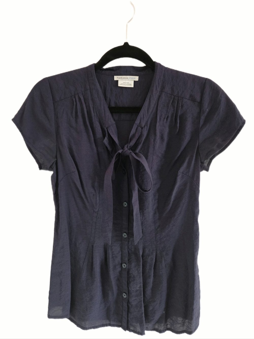 Van Heusen Studio Navy Tie Neck Short Sleeve Blouse - XXS